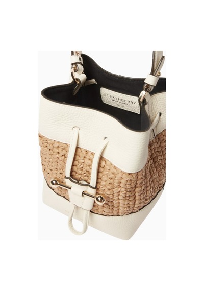 Strathberry Osette Krem Raffia Ve Deri Bucket Çanta, Lüks Ve Çok Yönlü Tasarım Omuz Çantası