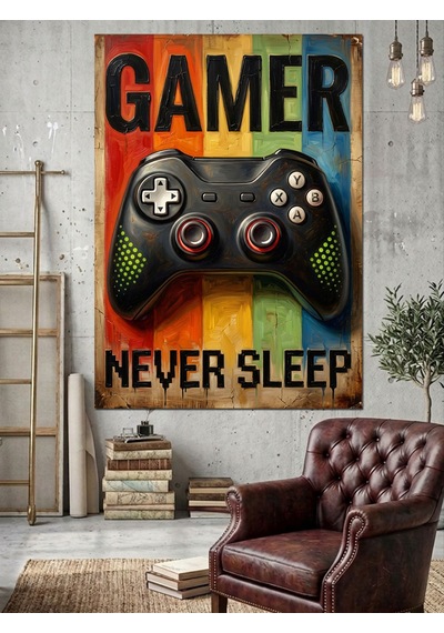 Gökkuşağı Gamer Asla Uyumaz Poster Dekoratif Kanvas - Mdf Ahşap Tablo Çok Renkli
