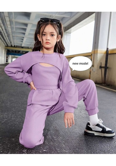 Aden Kids Kız Çocuk Krop Model Alt Üst Takım Toplam 3 Parça Mor