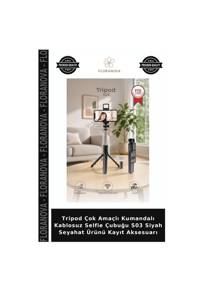 Tripod Çok Amaçlı Kumandalı Kablosuz Selfie Çubuğu S03 Siyah Seyahat Ürünü Kayıt Aksesuarı