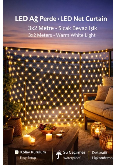 Menergy Led Ağ Perde Işık 3x2 Metre Sıcak Beyaz İç & Dış Mekan Enerji Tasarruflu Net Curtain Sarı