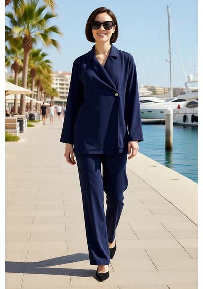 Benerly Kadın Büyük Beden Kruvaze Blazer Pantolon Takımı Relaxed Kesim Uz Lacivert