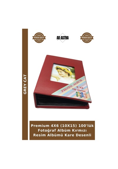 Premium 4x6 10x15 100'lük Fotoğraf Albüm Kırmızı Resim Albümü Kare Desenli