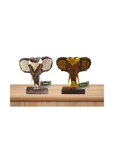Ahşap Dekoratif Fil Kafa 22 Cm 2'li Set Sedefli Ve Desenli Otantik El Yapımı Biblo