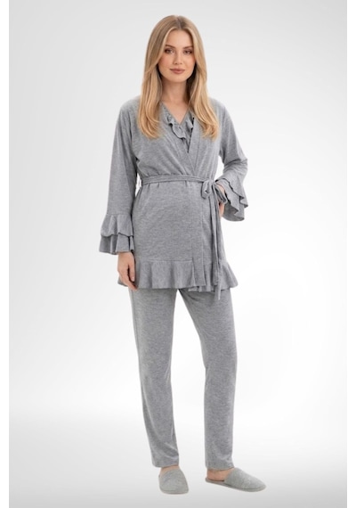 Mecit Pijama Mecit 6403 Sabahlıklı Lohusa Pijama Takımı Gri