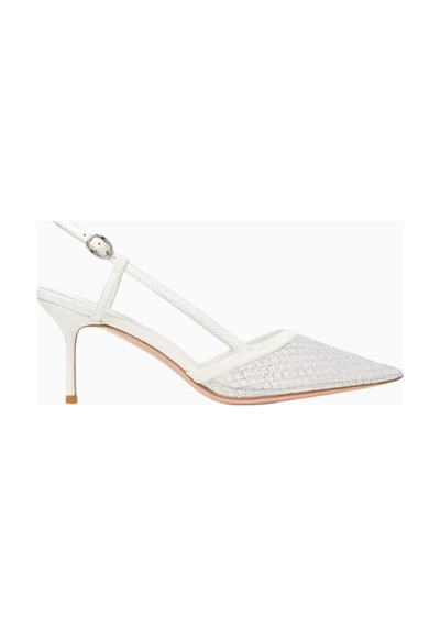 Nicoli Joel 75 Kristal Slingback Topuklu Ayakkabı, Işıltılı Mesh Tasarım Beyaz