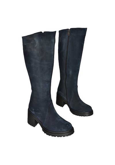 Fox Shoes R654047702 Lacivert Hakiki Deri Süet Kalın Topuklu Kadın Çizme Lacivert