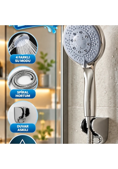4 Kademeli El Duşu Seti Spiral Hortum Ve Duvar Askılı Banyo Duş Başlığı Çok Renkli