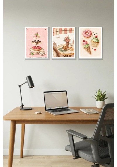 Tatlı Kafe 3'lü Çerçeve Görünümlü 30x40 Cm Mdf Tablo Seti Salon Duvar Dekoru