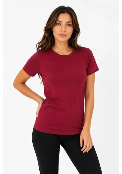 Valensdesign Basic Tişört Bisiklet Yaka Kısa Kol Günlük Yazlık Slim Fit T-shirt - Bordo