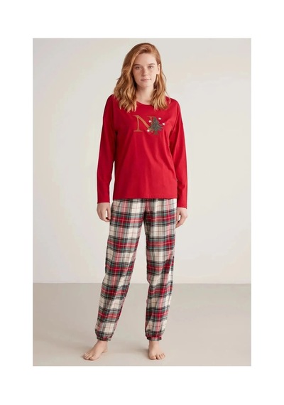 Angbutik Nautıca W606 Kadın Uzun Kollu Ekoseli Pijama Takımı Kırmızı