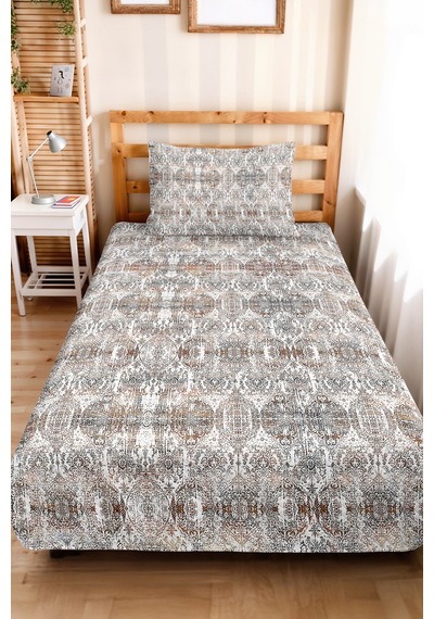 Vintage Geometrik Bej Tek Kişilik Pike Takımı - Bohem Gri Kahve 160x220 Cm Mevsimlik Yatak Örtüsü Gümüş