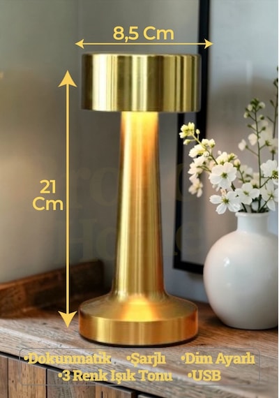 Dokunmatik Masa Gece Lambası Dokunmatik Lamba Abajur Led Şarjlı Masa Lambası Gold Boy:21 Cm Ledli Gold