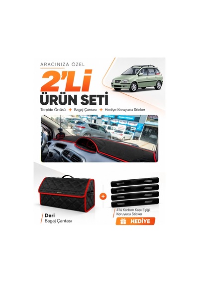 Hyundai Matrix 2001-2010 Uyumlu Torpido Örtüsü + Deri Bagaj Çantası + Sticker Seti - Siyah Kırmızı