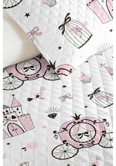 Evimde Bambaşka Prenses Şato Pembe Kız Çocuk Pike Takımı-masalsı Pastel Beyaz Bebek Odası Yatak Örtüsü-160x220  CM
