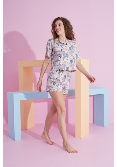 Siyah İnci Likralı Örme T-shirt-şort Pijama Takım 7809 Yaprak Desen
