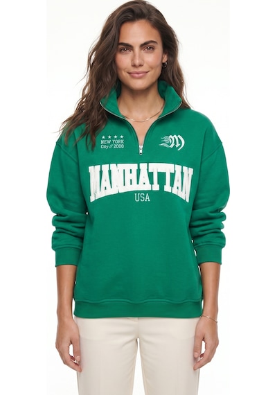 Onloox Kadın Yeşil Yeşil Pamuklu Şardonlu Polo Yaka Oversize Yarım Fermuarlı Nakış Detaylı Sweatshirt