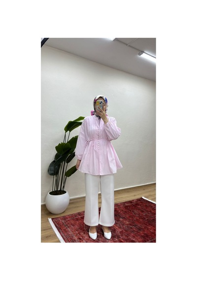Moonsc Kadın Nervürlü Keten Tesettür Gömlek - Pembe