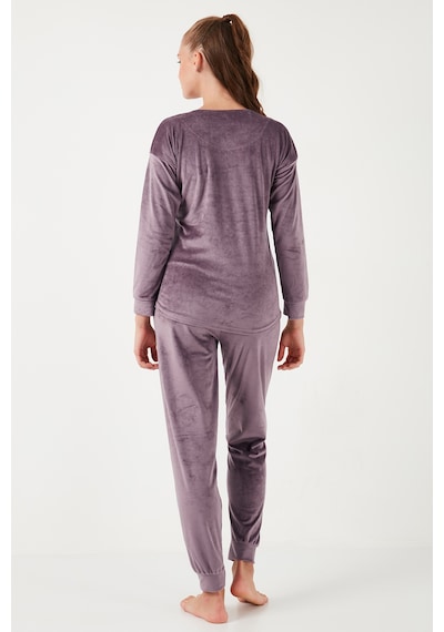 Lela Standart Fit Bisiklet Yaka Yumuşak Kadife Bayan Pijama Takımı 6094202 Lila