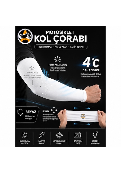 Akgüneş Motogaraj Motosiklet Kol Çorabı Uv Korumalı, Nefes Alan, Ter Tutmayan, Esnek Unisex Kol Kılıfı Beyaz