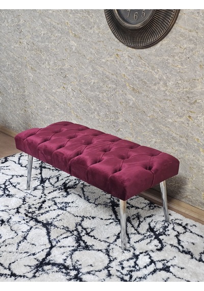 Zafir Krom Kaplama Sivriltme Ayaklı 90 Cm Puf Bench - Puf - Bench - Kasalı Oturak - Oturak - Yatak Ucu Puf Bordo