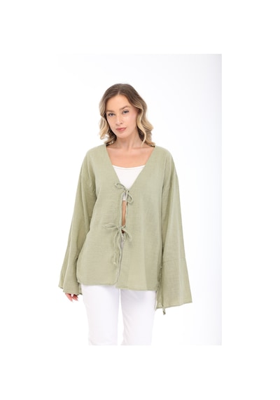 Blayn Jeans Blayn Kadın Keten Kimono Oversize Rahat Kalıp Yazlık Uzun Kollu Kimono Çağla Yeşili