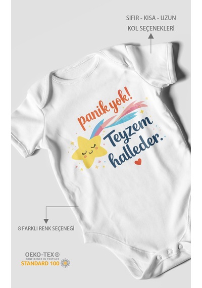 Morivokids Panik Yok Teyzem Halleder Kısa Kollu Bebek Body %100 Pamuk Beyaz