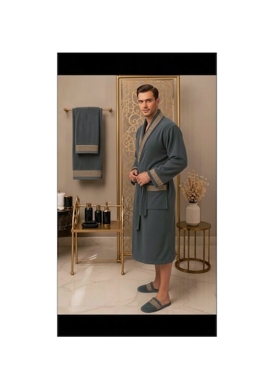 Premium %100 Pamuk Unisex Şalyaka Cepli Bornoz Seti 4 Parça Havlu Terlik Takımı Gri Gri