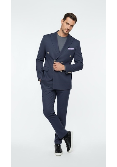 Erkek Kruvaze Gold Düğmeli Dokulu Likralı Kumaş Blazer Ceket Modern Kesim Şık Tasarım Lacivert