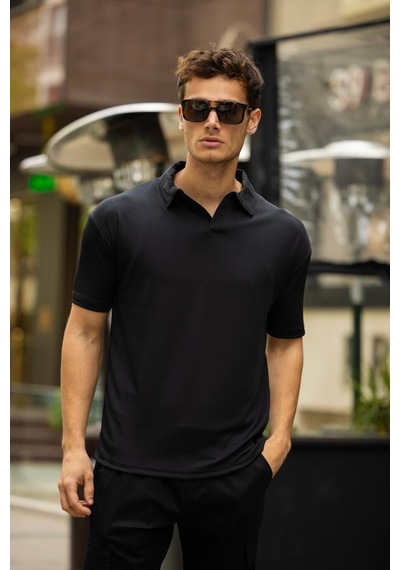 Glasses V Yaka Oversize Fitilli T-shirt - Siyah Siyah