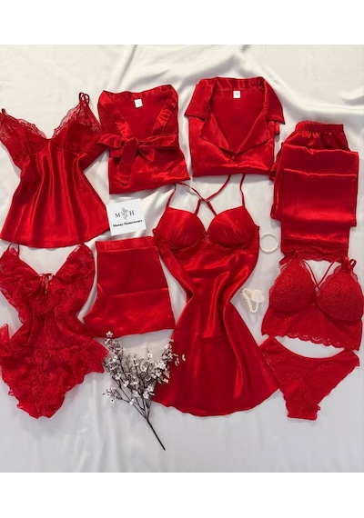 Mh Moony Homewears 9'lu Kutulu Dakikala Kırmızı Saten Kaplı Gecelik Pijama İç Giyim Çeyiz Seti Kırmızı