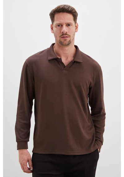 Fullamoda Basic Apaş Yaka Modal Sweatshirt Kahve
