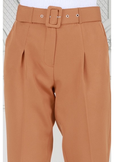 Sevitli Beli Kemerli Pileli Kalem Pantolon-camel-3683-camel Camel