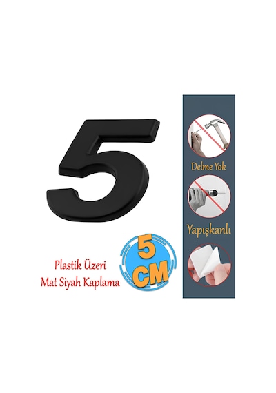 Yapışkanlı Kapı Numarası Küçük Boy 50 Mm 5 Cm Numara 5 Rakam Beş Sayısı Siyah Renk Numaralar 1 Adet Diğer