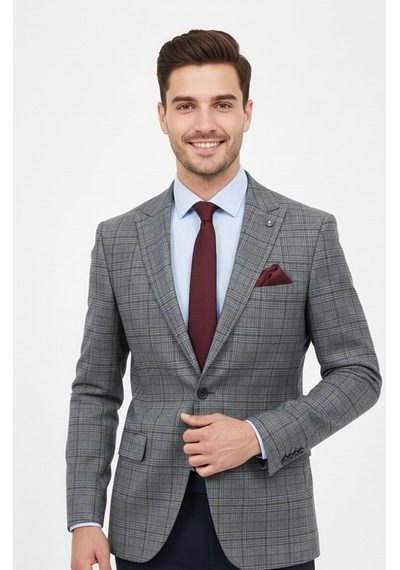 Presto Erkek 6 Drop Slimfit Kareli Ceket Gri 1635-070 Gri