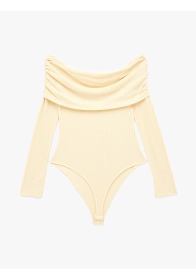 Koton Slim Fit Drape Detaylı Uzun Kollu Madonna Yaka Omzu Açık Bodysuit Sarı 6sak80049pk