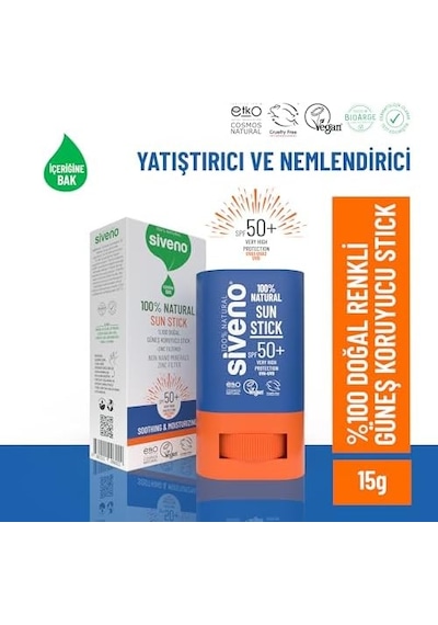 Siveno 100% Doğal Stick Güneş Koruyucu Mineral Filtreli Renkli Ton Eşitleyici Hassas Uva Uvb Spf50+ 15 Gr