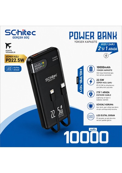 Schitec Hg/pb-101 10000mah 22.5w Hızlı Şarjlı Powerbank Type-c / Lightning Kablo Dijital Göstergeli Siyah