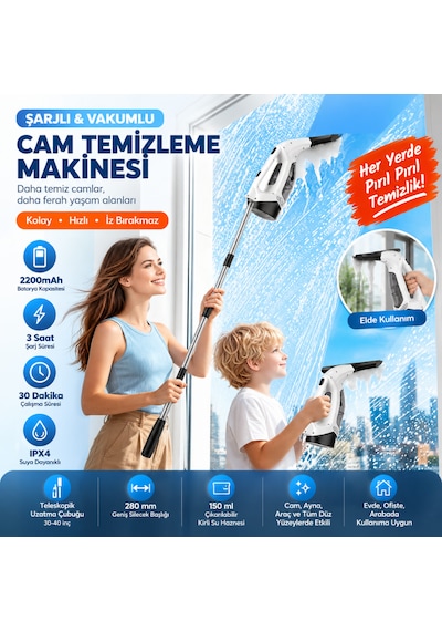 Şarjlı Cam Silme Makinesi Vakumlu Cam Temizleme Makinesi Cam Silecek Pencere Ayna Araç Camı Temizleyici Beyaz