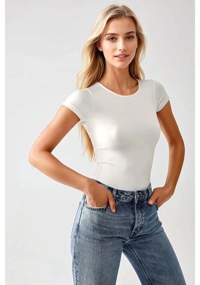 Hiccup Dar Kesim Dikey Yaka Örme Bodysuit Beyaz