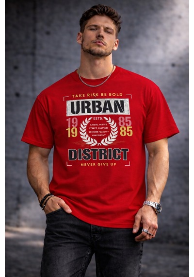 Herkesemoda Dıstrict Yazı Detaylı Basic T-shirt Kırmızı