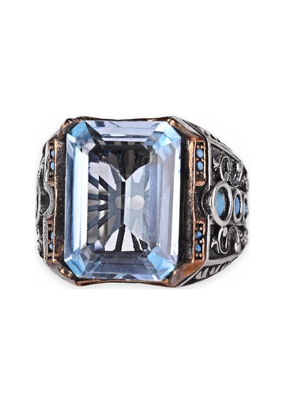 Kambo El Yapımı 925 Ayar Gümüş Mavi Topaz Taşlı Erkek Yüzük - 13 Gr