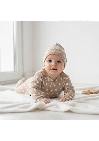 Ürünya Unisex Bebek Çocuk Pamuklu Uzun Kollu Puanlı Boydan Çıtçıtlı Tulum Kahverengi