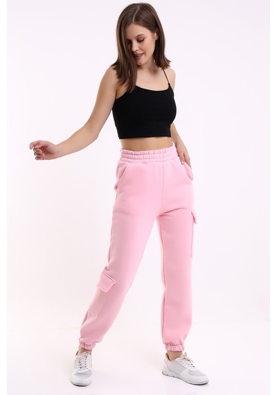 Winmoda34 Kadın Jogger Kalın 3 İplik Yandan Cepli Kargo Eşofman Altı Pembe