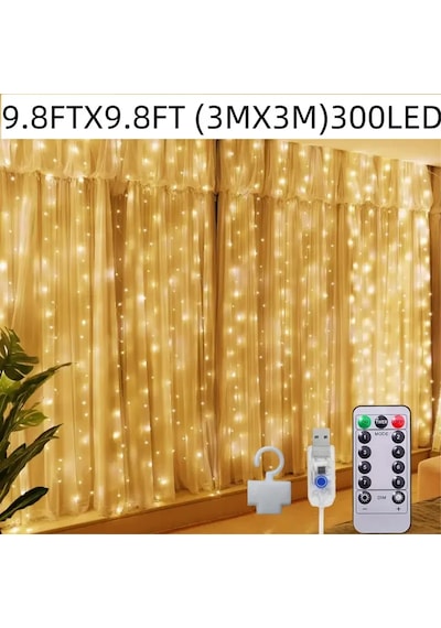 300 Ledli 10 Sarkıt Perde Led Işık-8 Fonksiyon, Uzaktan Kumandalı, 3x3 Metre Çok Renkli