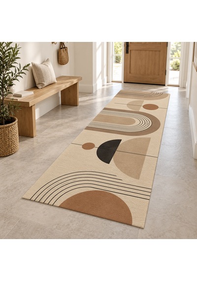 Kartela Halı Sakin Kemerler Krem Siyah Koridor Mutfak Yolluk Halısı Kaymaz Taban 80x240 Cm