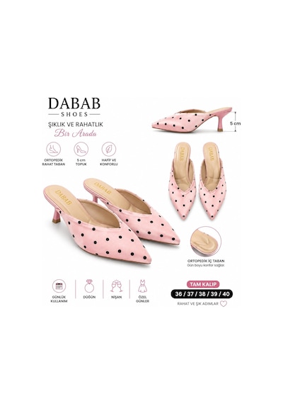 Dabab Shoes Sevılla Puantiye Desenli Pembe Saten Sivri Burunlu 5 Cm İnce Topuklu Mule Terlik
