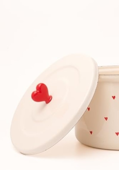 Cupid 20 Cm Tencere, Krem Rengi, Kırmızı Kalp Desenli, Kapaklı, 3 Litre