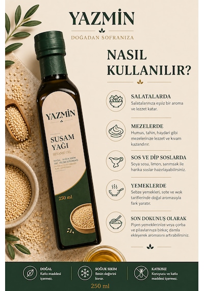 Yazmin Susam Yağı 250 Ml Cam Şişe Soğuk Sıkım %100 Doğal Saf Susam Yağı