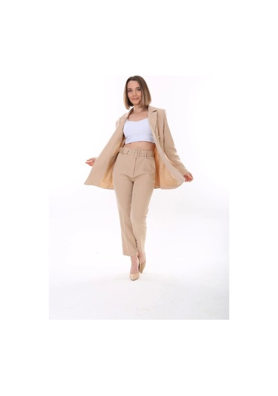 Kadın Düğmeli Blazer Ceket Kemerli Pantolon Dokuma Atlas Kumaş Takım Elbise - Saks Mavi Kadın Düğmeli Blazer Ceket Kemerli Pantolon Dokuma Atlas Kumaş Takım Elbise - Saks Mavi
